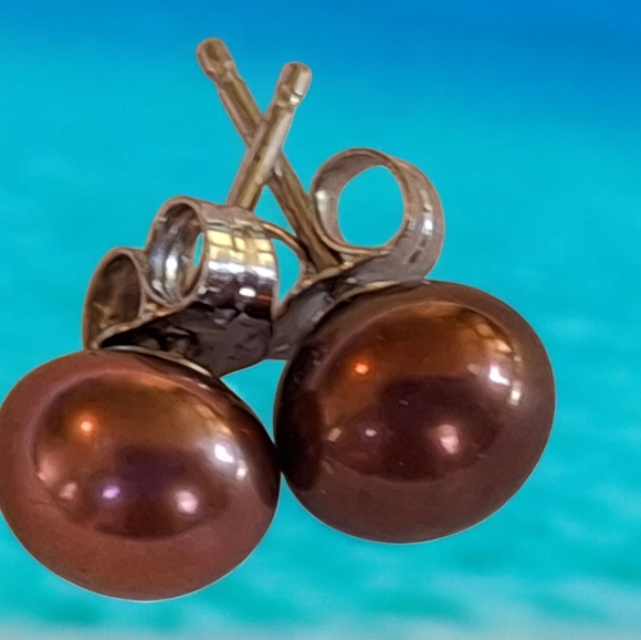 Vintage 925 Sterling Silver Freshwater Chocolate Pearl Stud Earrings weigh 1.2g - Picture 9 of 15